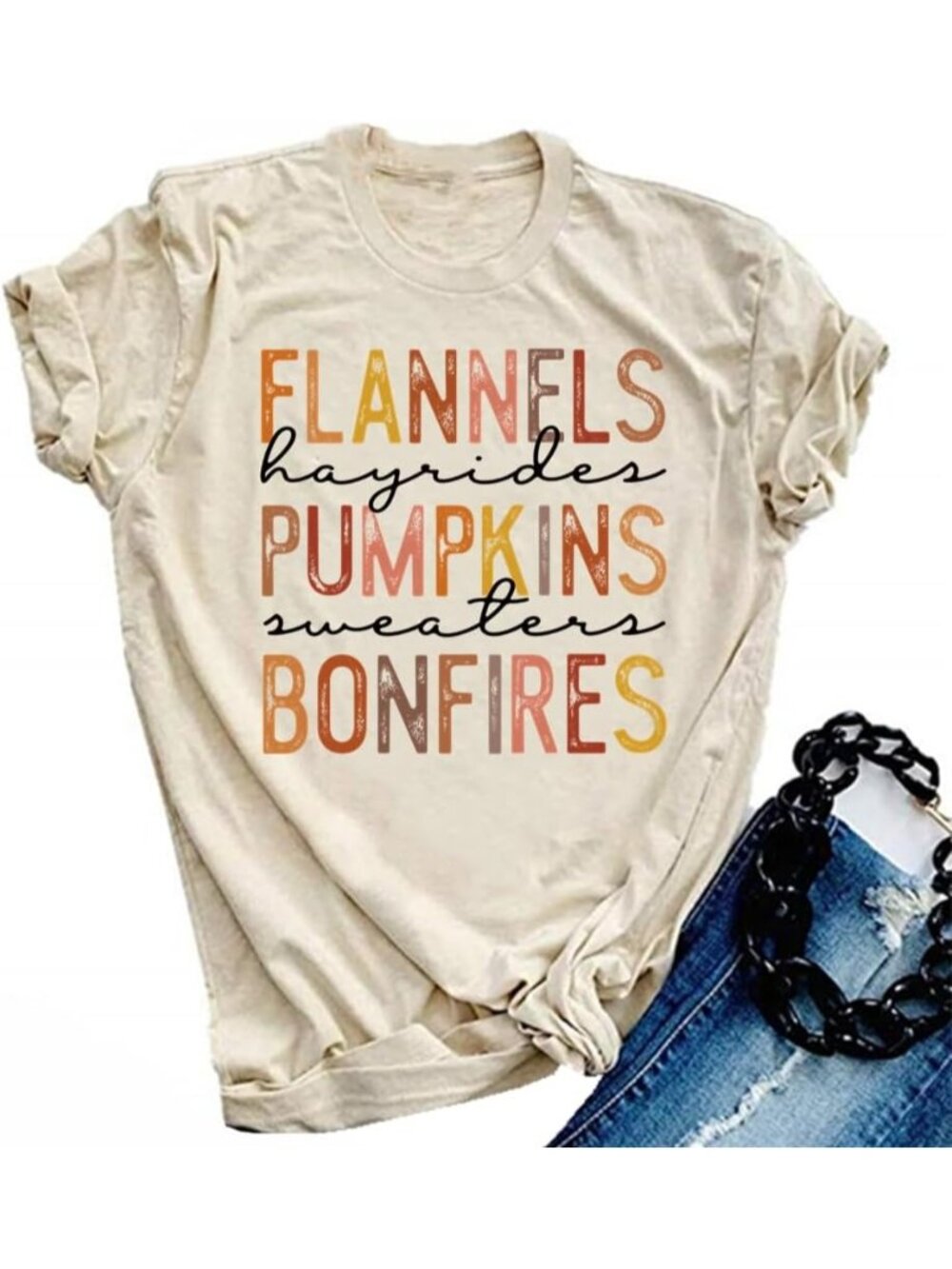 🆕 Women's Beige Flannels Hayrides Pumpkins Sweaters Bonfires Fall Graphic Tee